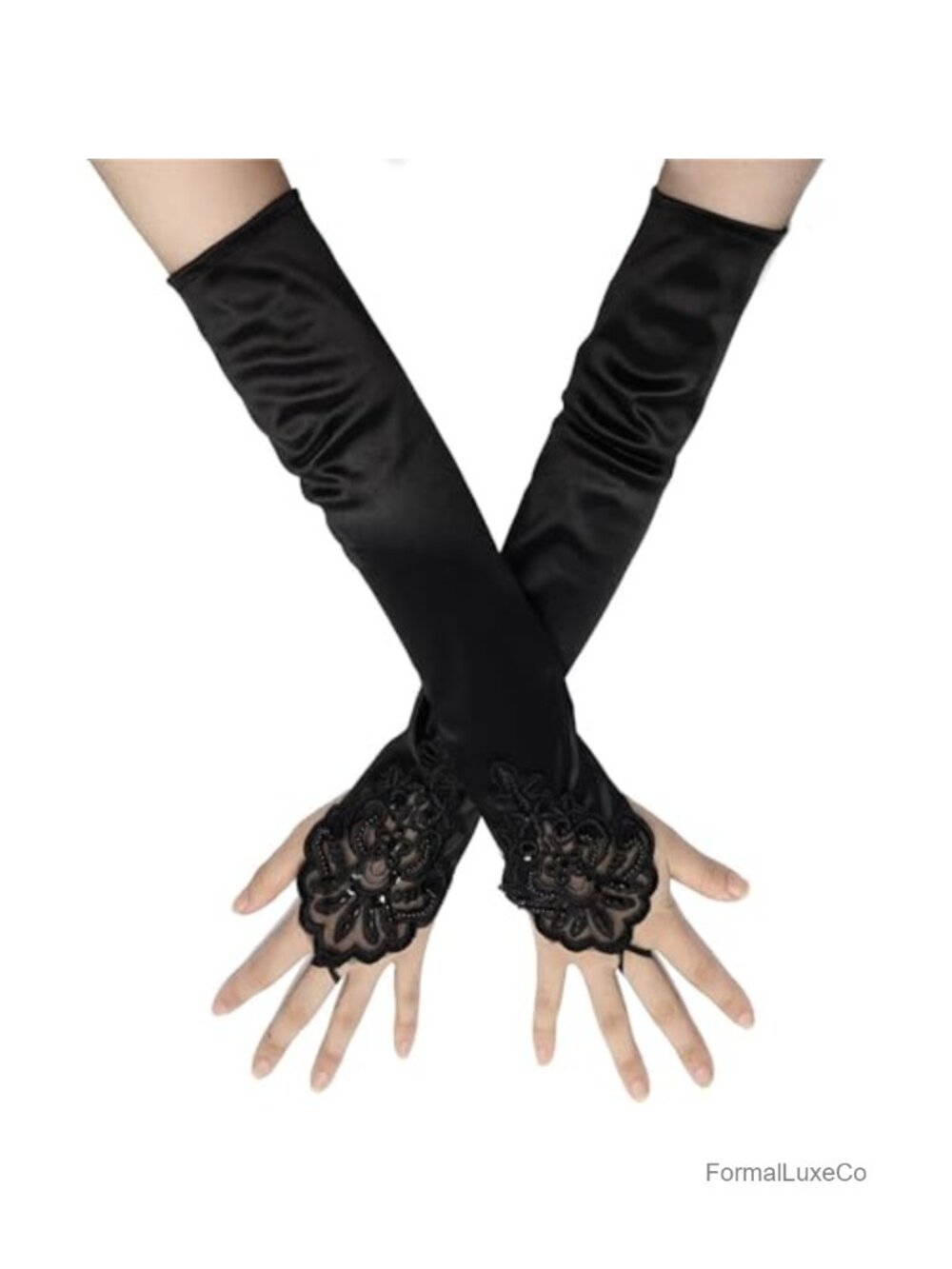 Long Satin Fingerless Gloves Beaded Lace Elbow Gloves Bridal Wedding Party